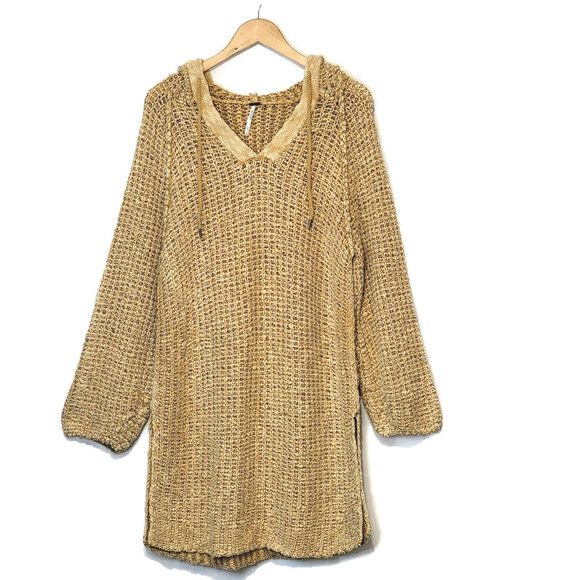 Free People Chunky Knit Crochet Hoodie Long Tunic Pullover Sweater Size M - Picture 2 of 16